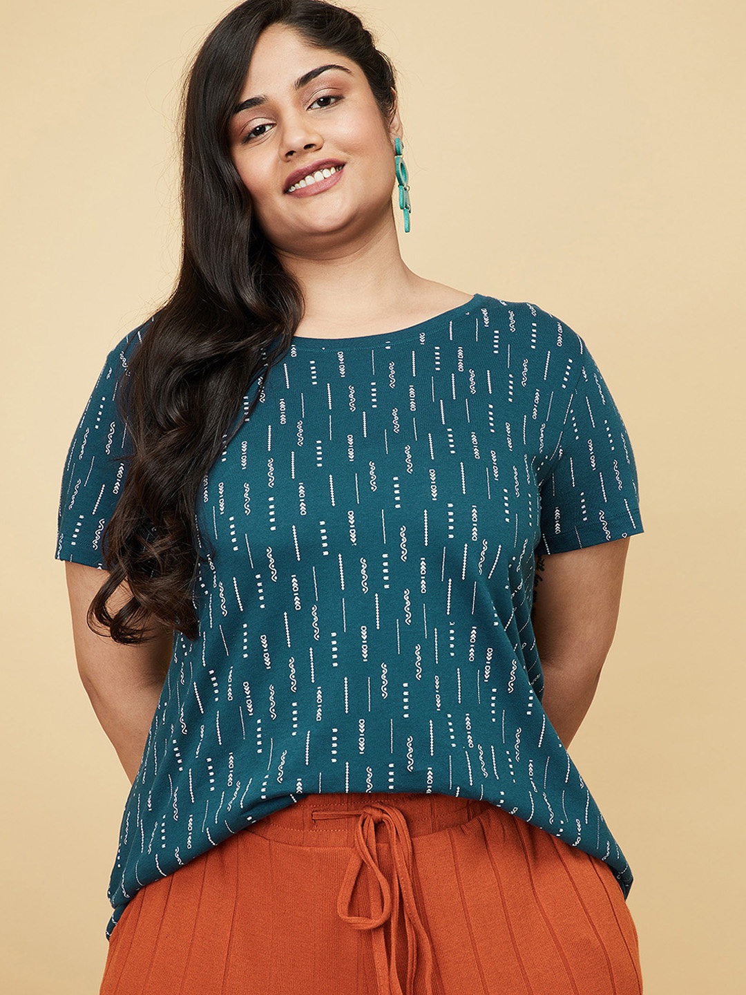 

max Plus Size Women Teal Printed Pure Cotton T-shirt