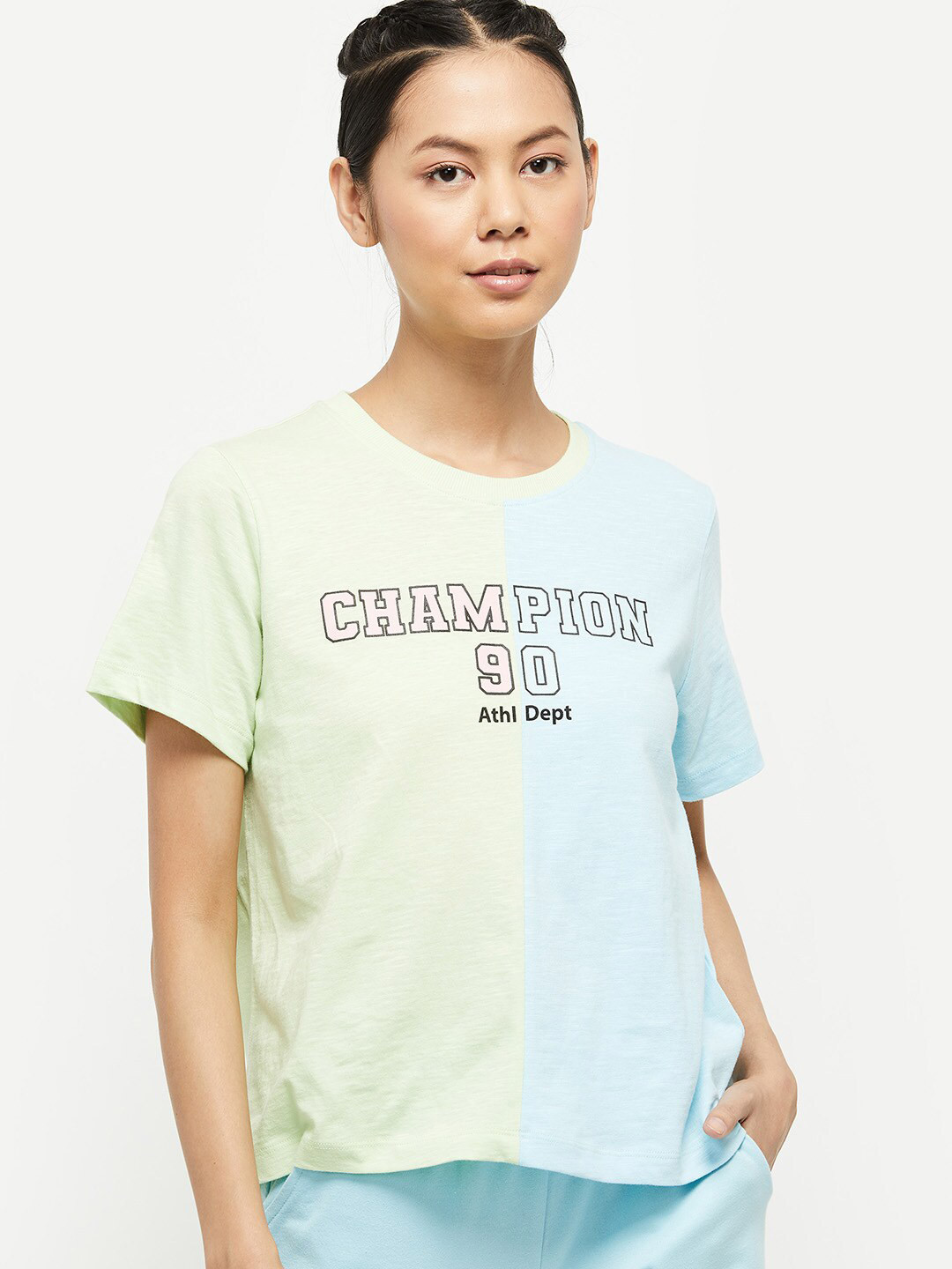 

max Women Blue & Yellow Typography Printed Pure Cotton T-shirt