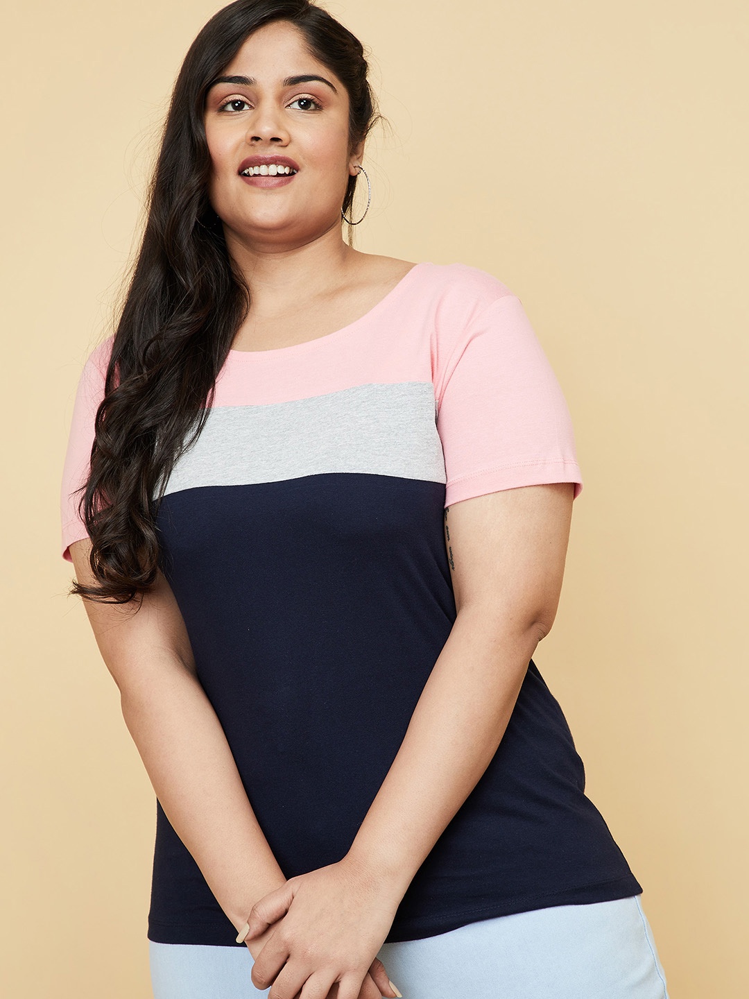 

max Women Plus Size Pink & Navy Blue Colourblocked Pure Cotton T-shirt