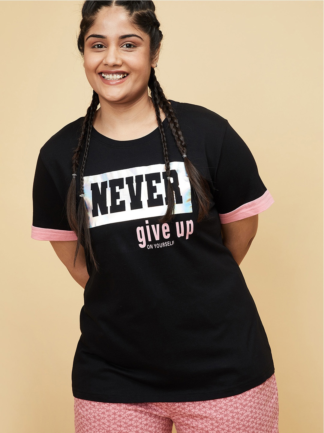 

max Women Plus Size Black Typography Printed Pure Cotton T-shirt
