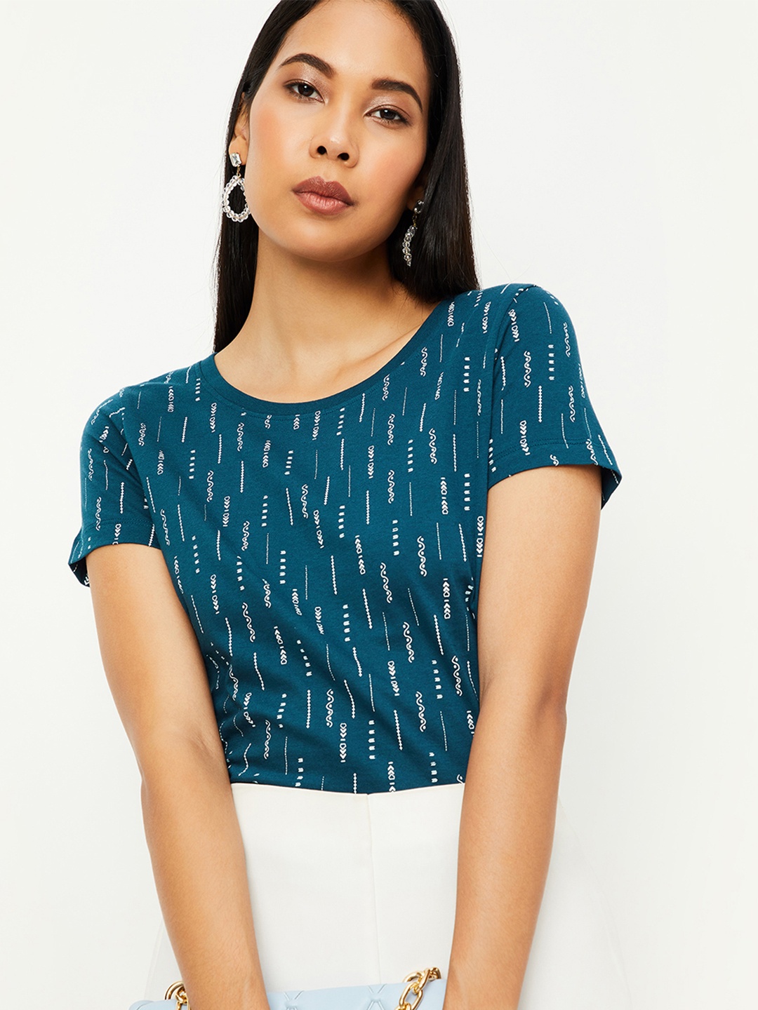 

max Women Teal Blue & White Printed Pure Cotton T-shirt