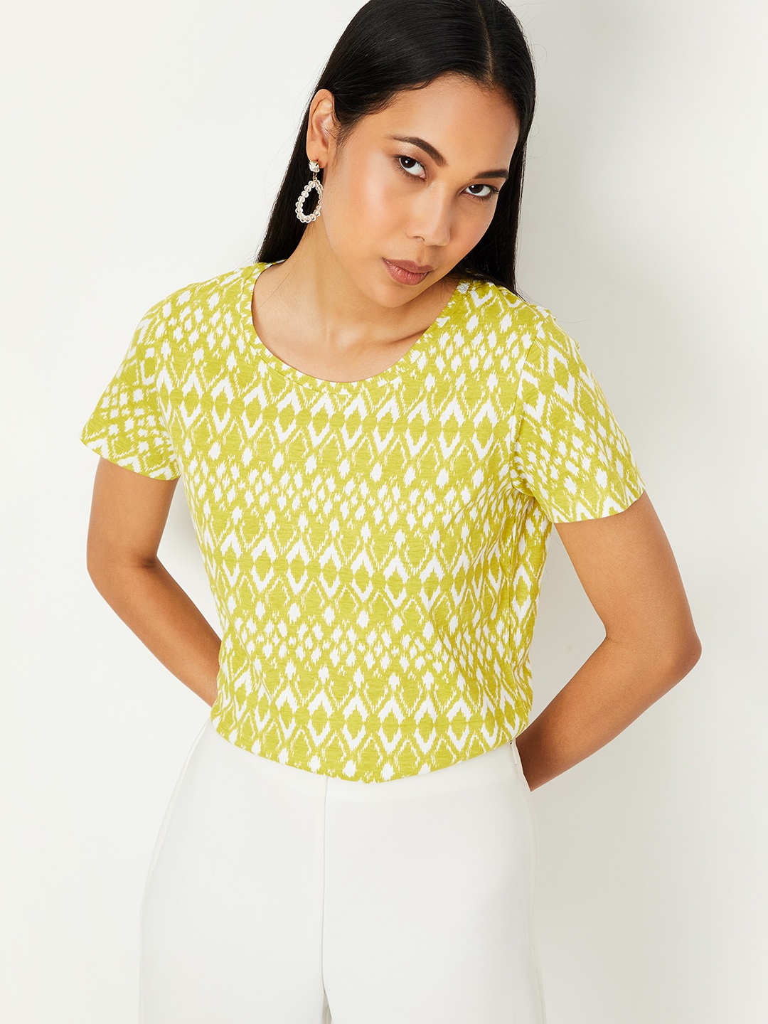 

max Women Yellow Printed Pure Cotton T-shirt