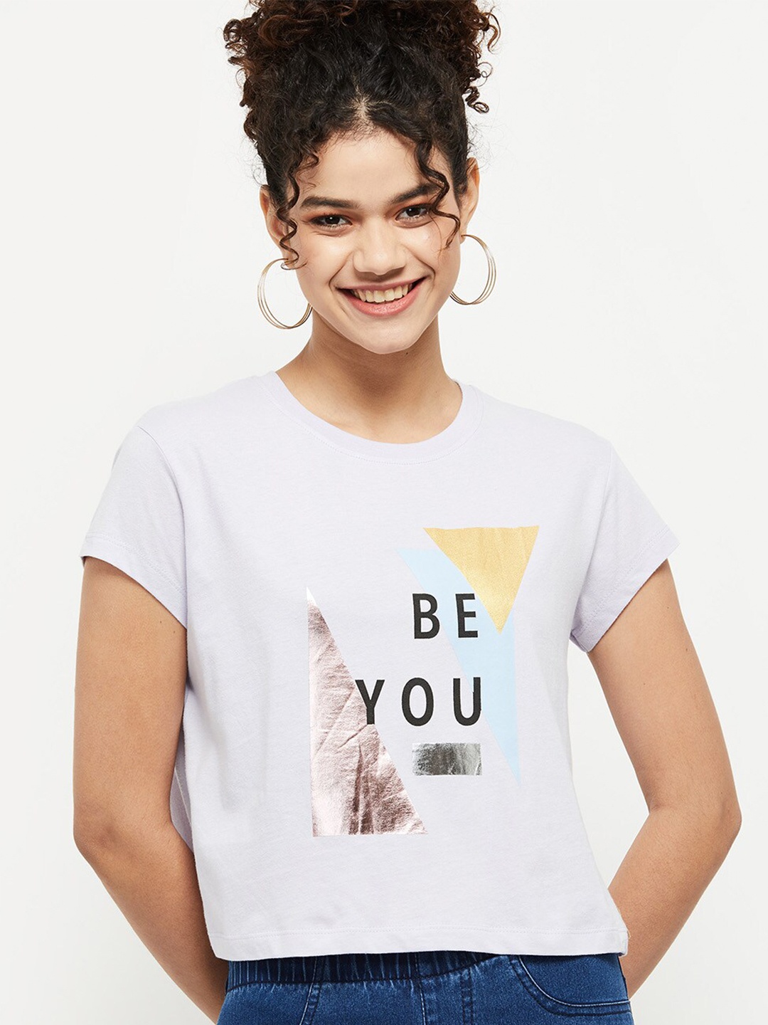 

max Women Purple Typography Printed Pure Cotton T-shirt