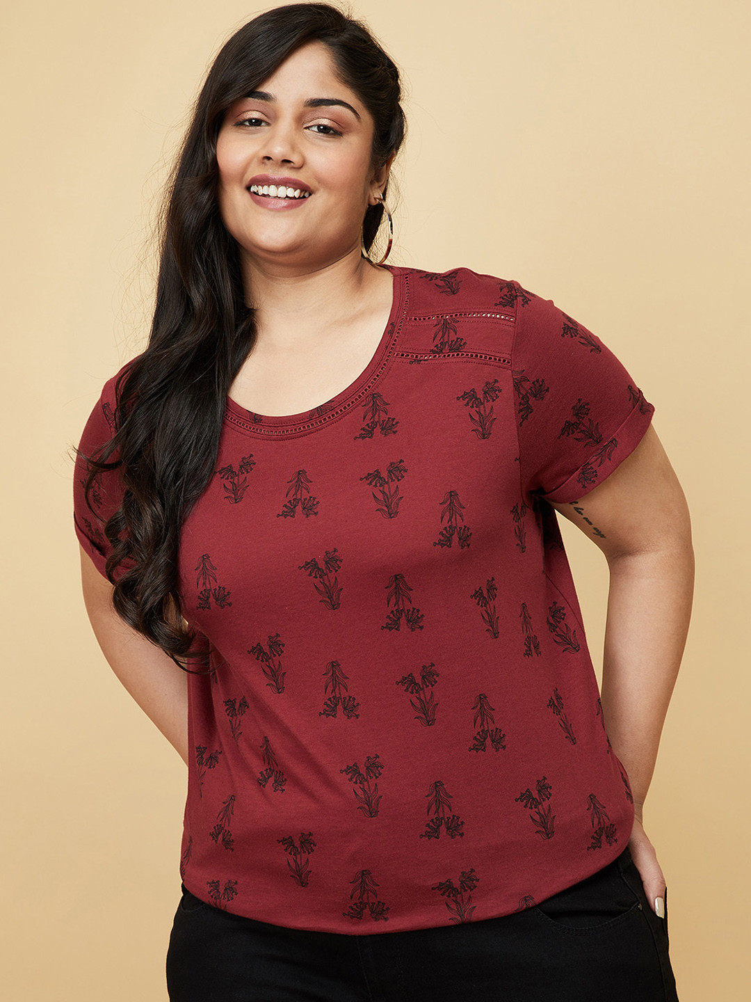 

max Women Plus Size Maroon Floral Printed Pure Cotton T-shirt