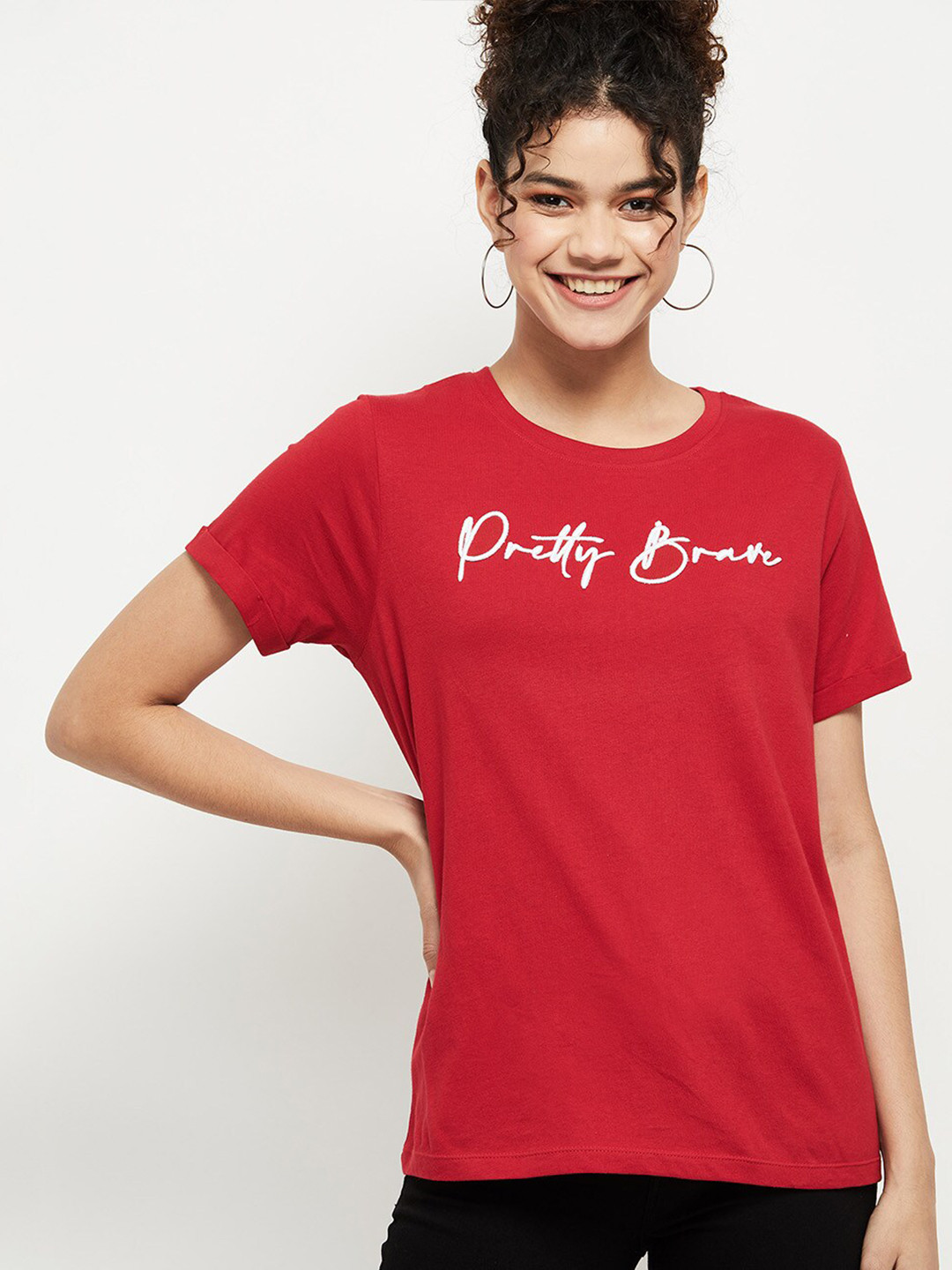 

max Women Red Typography Printed Pure Cotton T-shirt