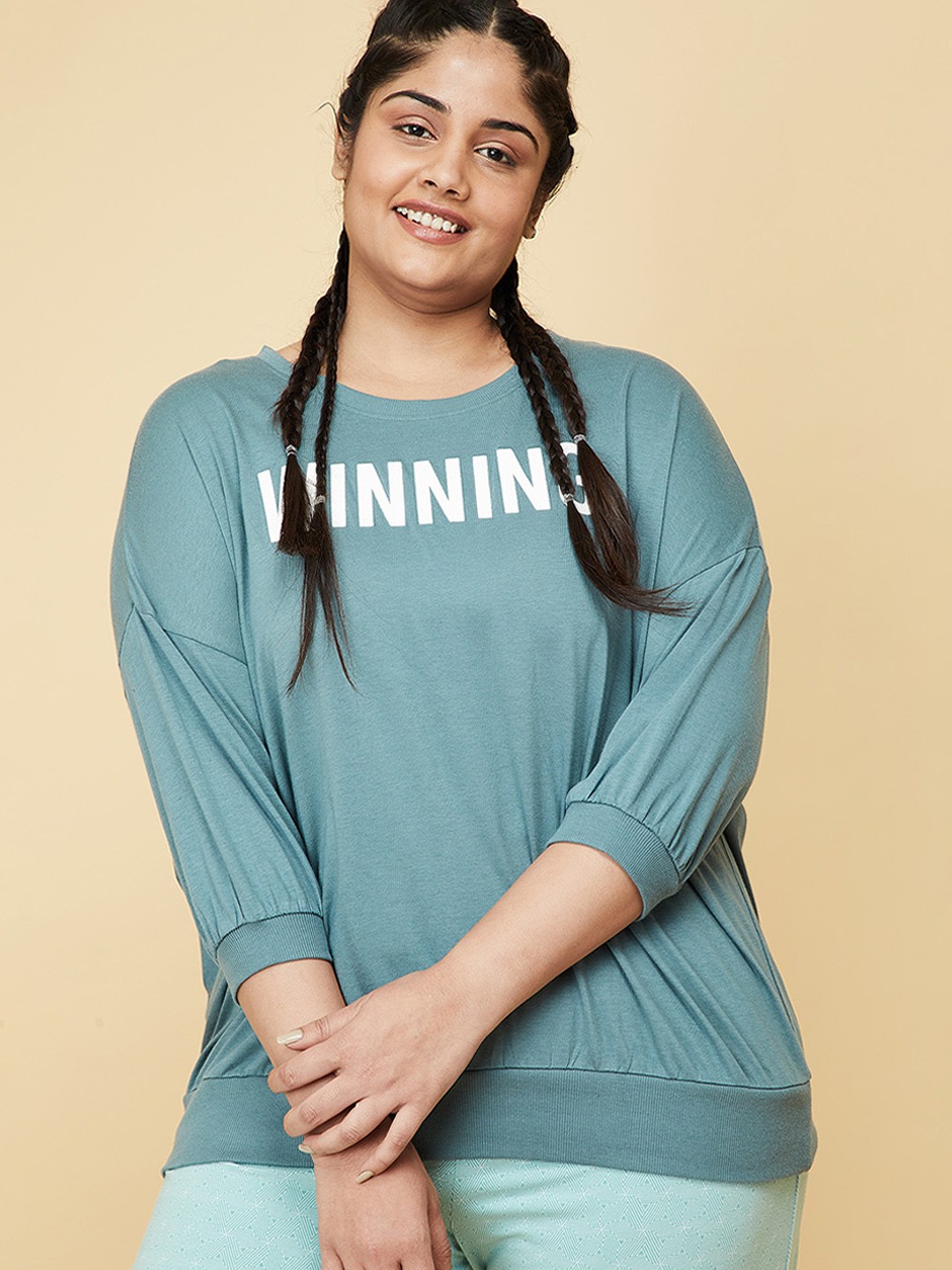 

max Plus Size Women Mint Green Typography Printed Drop-Shoulder Sleeves T-shirt