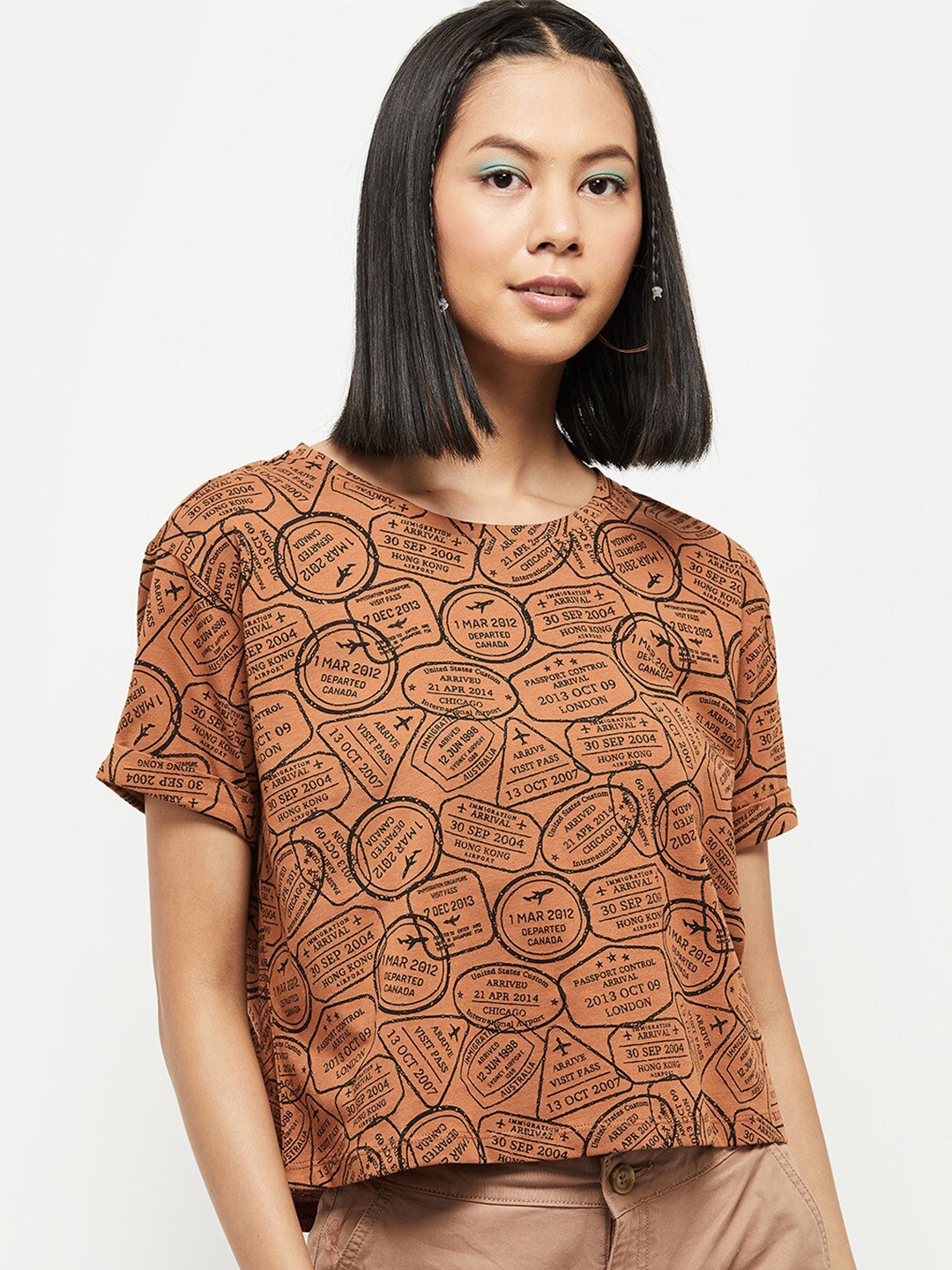 

max Women Brown Printed Crop Pure Cotton T-shirt