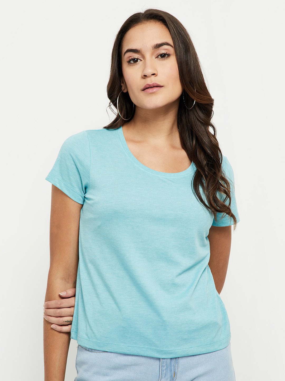 

max Women Blue Solid Cotton T-shirt