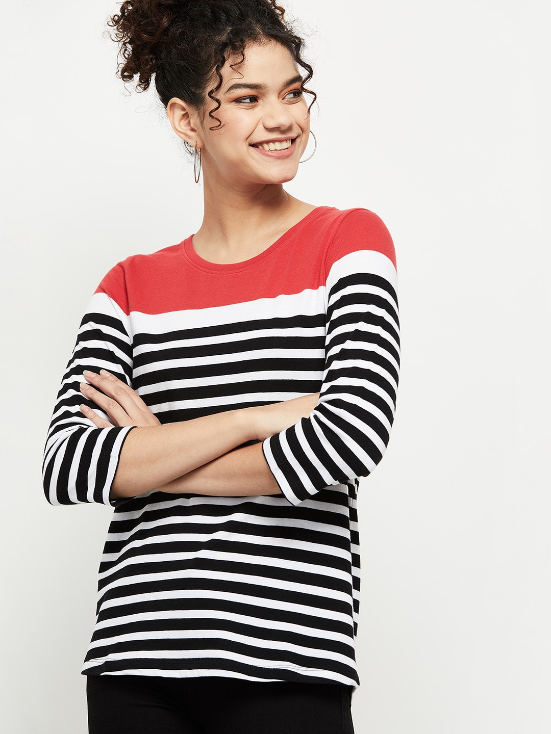 

max Women Red & White Striped Pure Cotton T-shirt