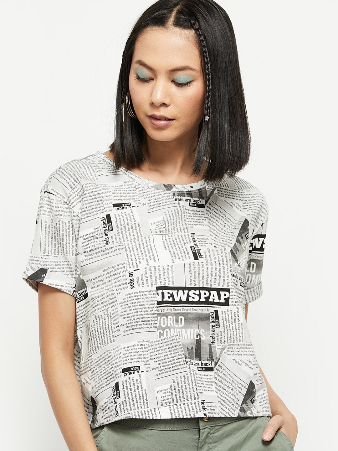 

max Women White & Black Printed Extended Sleeves Pure Cotton T-shirt