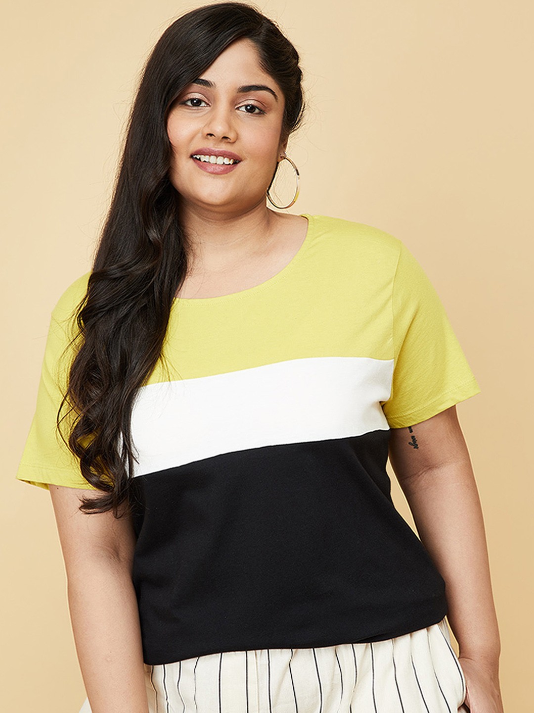 

max Plus Size Women Yellow & Black Colourblocked Pure Cotton T-shirt