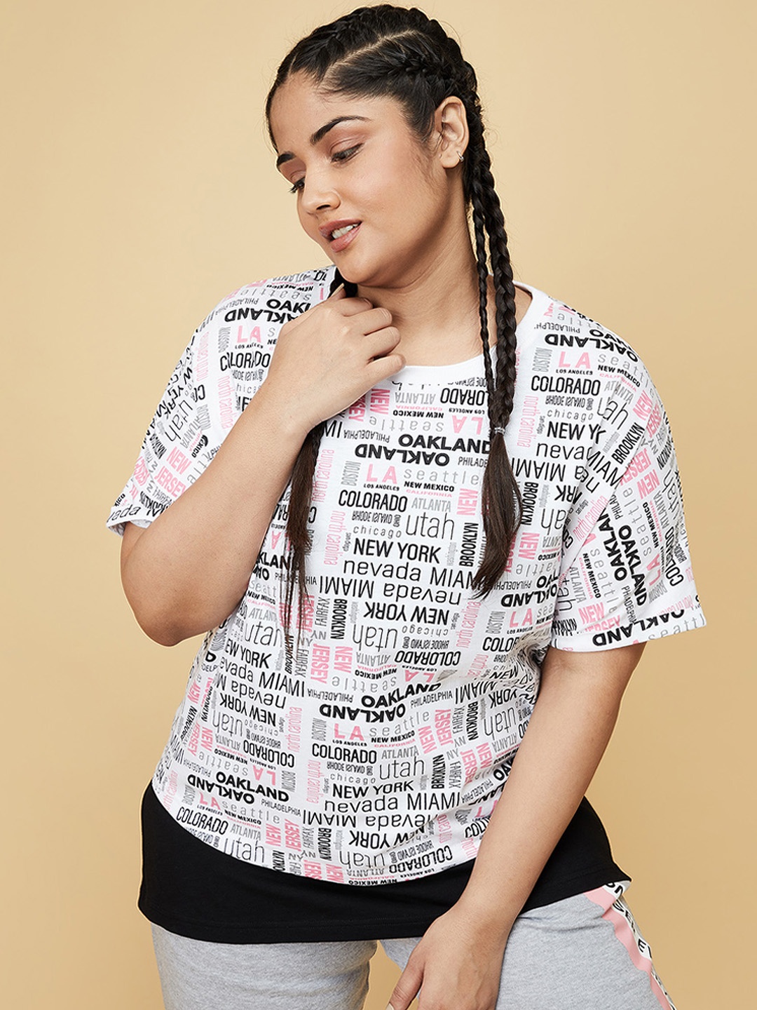 

max Plus Size Women White Typography Printed Drop-Shoulder Sleeves Pure Cotton T-shirt
