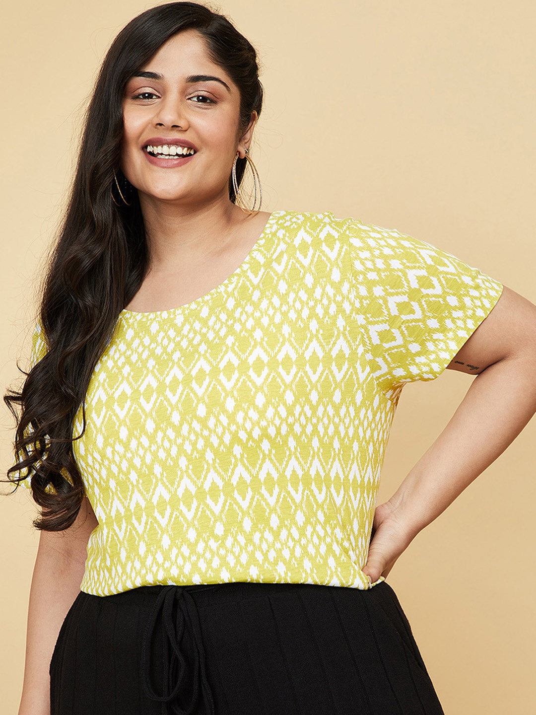 

max Plus Size Women Yellow Printed Pure Cotton T-shirt