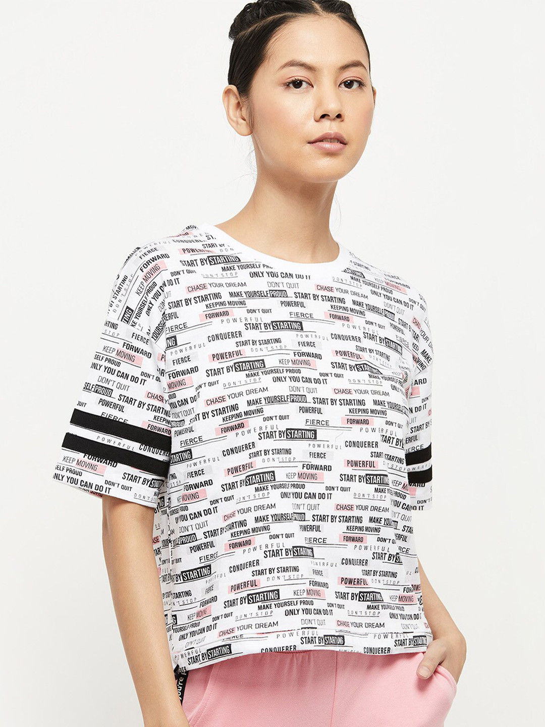 

max Women White & Black Typography Printed Pure Cotton T-shirt