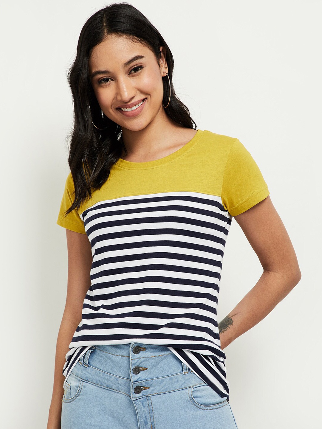 

max Women Yellow & Navy Blue Striped Pure Cotton T-shirt