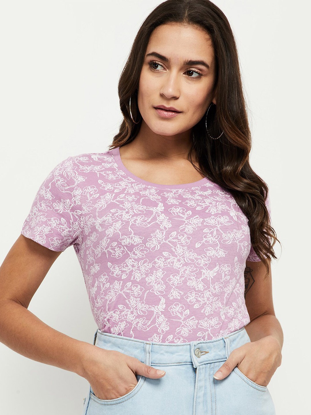 

max Women Purple Floral Printed Pure Cotton T-shirt
