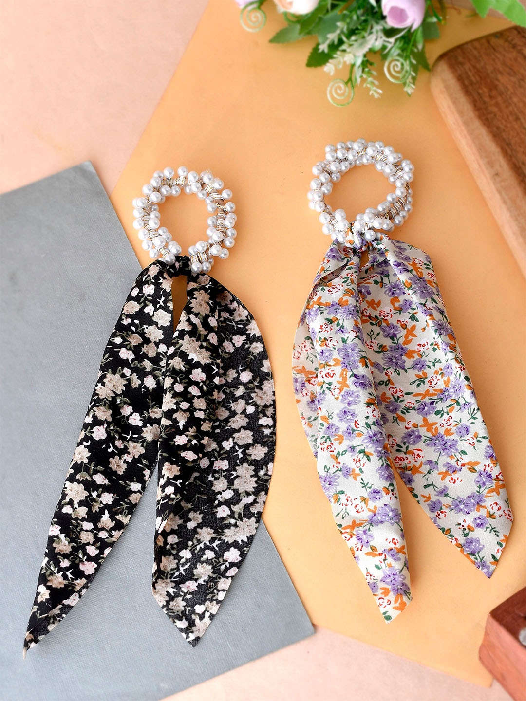 

Silvermerc Designs Set of 2 Black & Beige Beaded Ponytail Holders