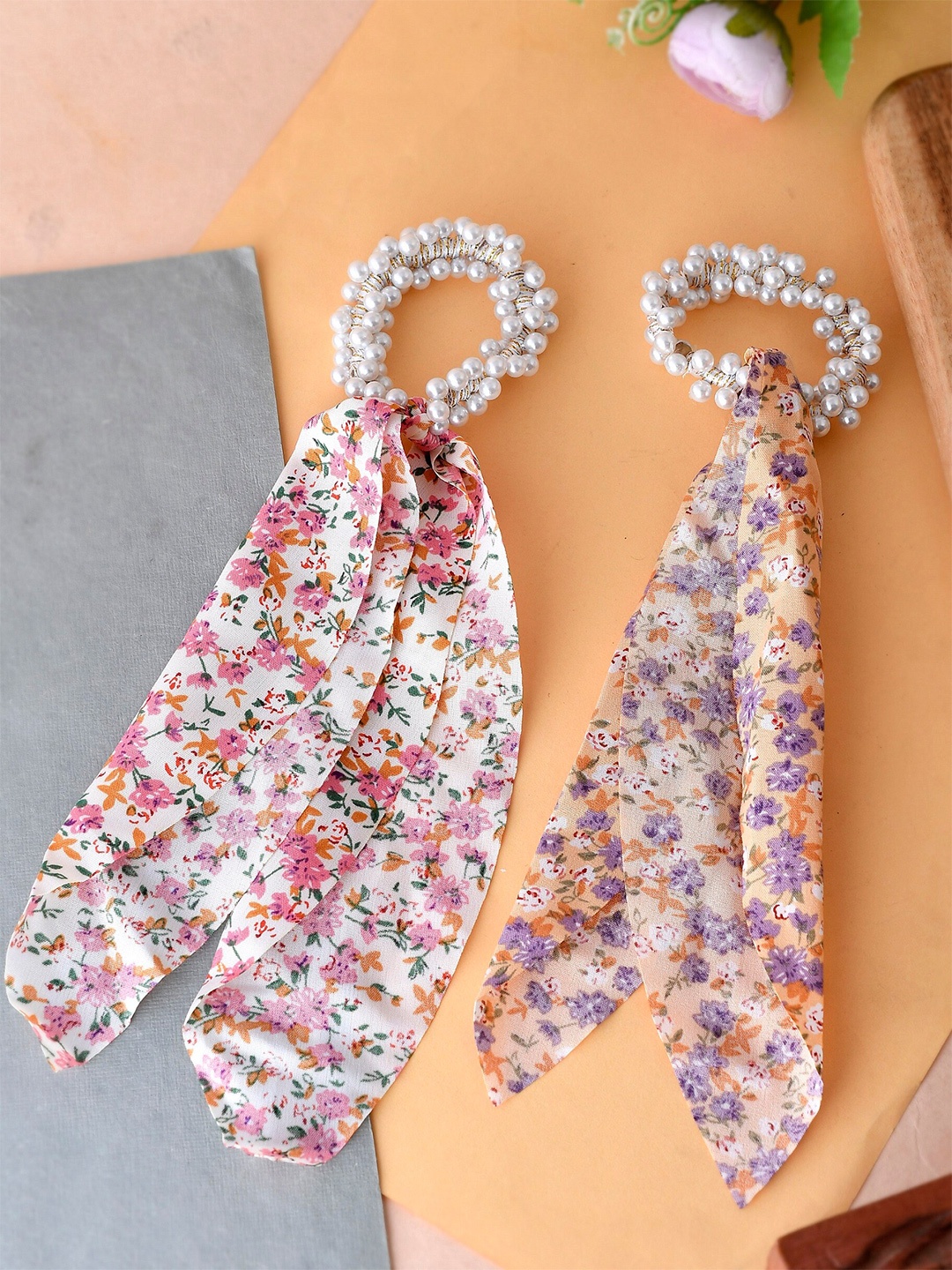 

Silvermerc Designs Women Pink & Orange Set of 2 Beaded Ponytail Holders
