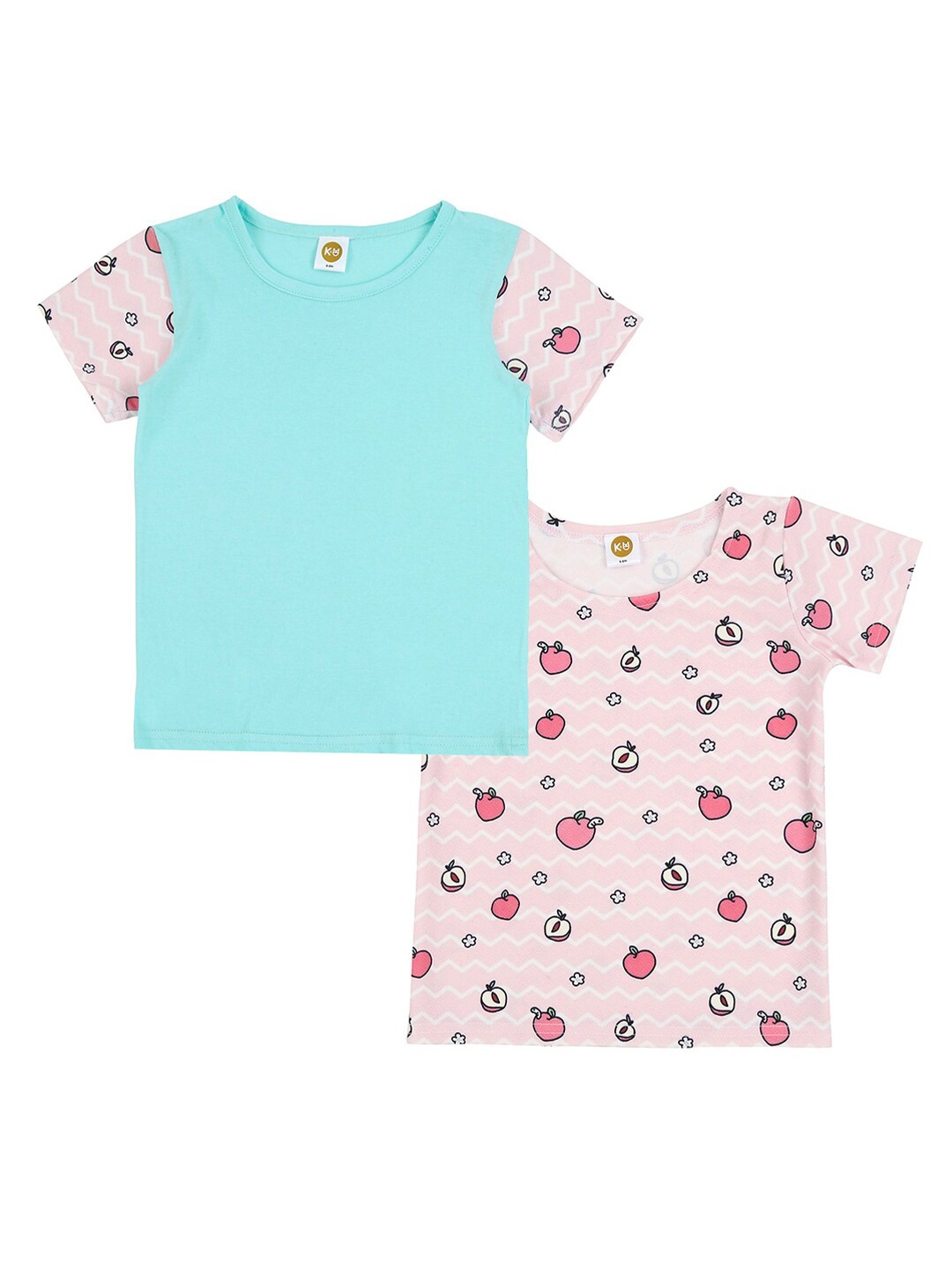 

K&U Girls Pack of 2 Turquise Blue & Peach-Coloured Digital Printed T-shirts, Turquoise blue