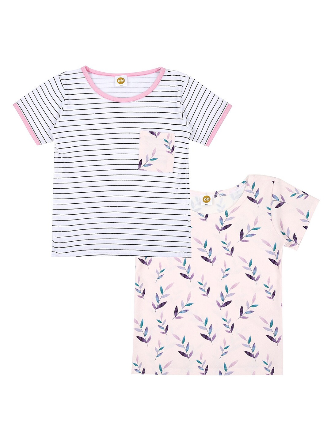 

K&U Girls Set Of 2 Peach-Coloured Striped Cotton T-shirt