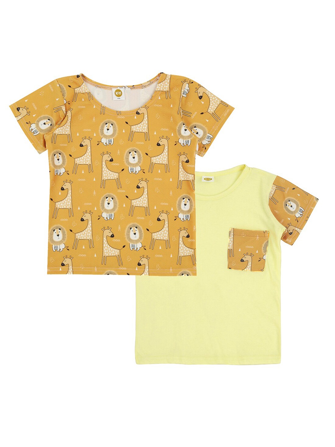 

K&U Girls Mustard Yellow Set of 2 Printed Cotton T-shirt