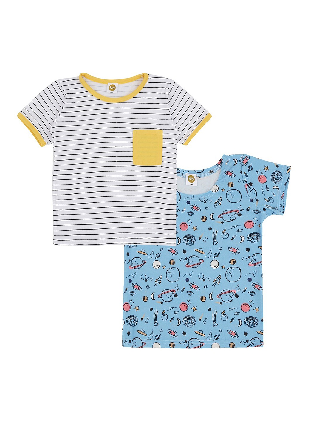 

K&U Girls Set Of 2 Yellow Striped Cotton T-shirt