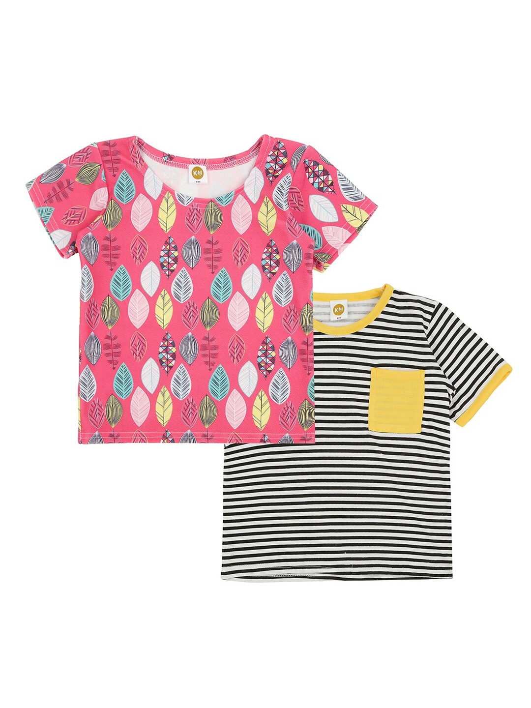 

K&U Girls Pink & Yellow Striped T-shirt Pack of 2