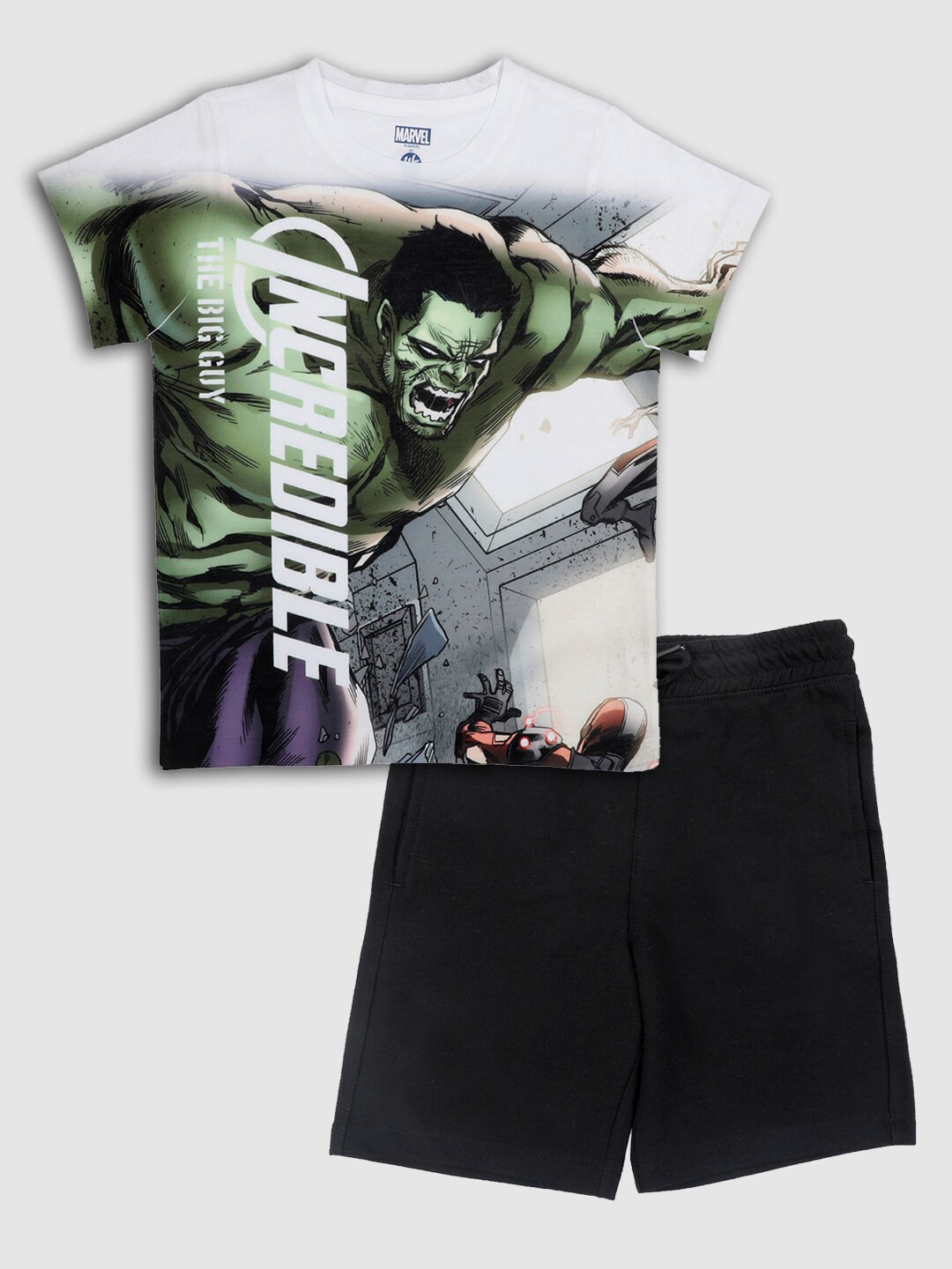 

YK Marvel Boys White & Black Printed T-shirt with Shorts
