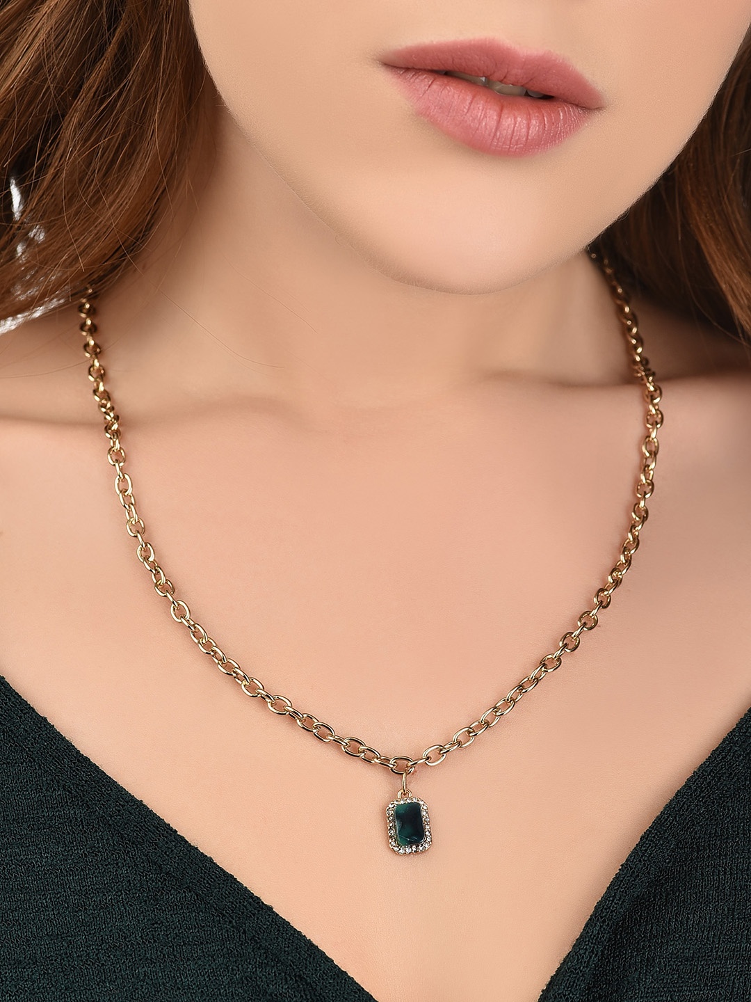 

Lilly & sparkle Gold-Plated & Green Crystal Studded Necklace