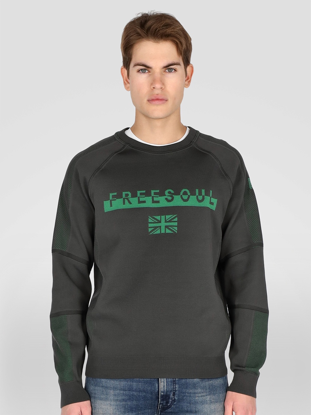 

FREESOUL Men Olive Green Printed Raglan Sleeves Sweatshirt