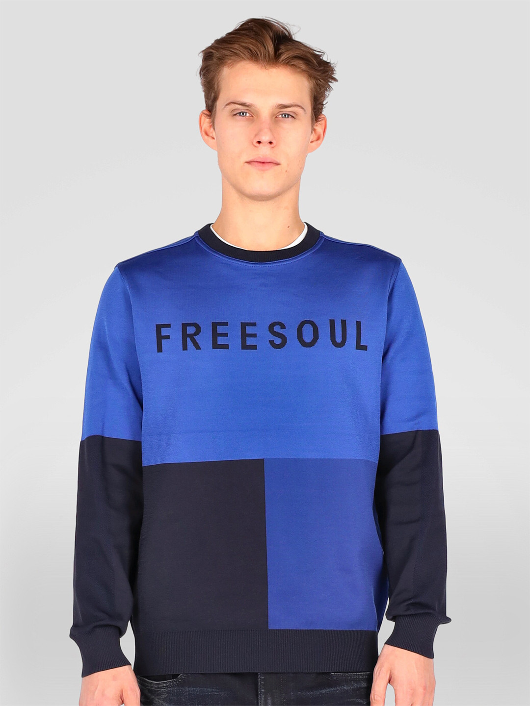 

FREESOUL Men Blue Colourblocked Printed Pullover Sweatshirt
