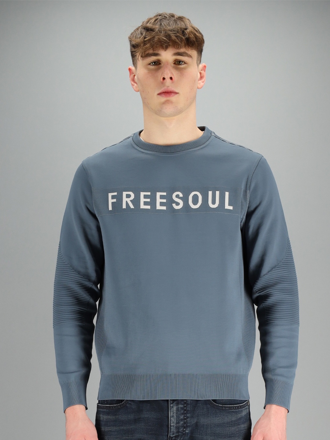 

FREESOUL Men Blue Typography Printed Pullover Sweatshirt