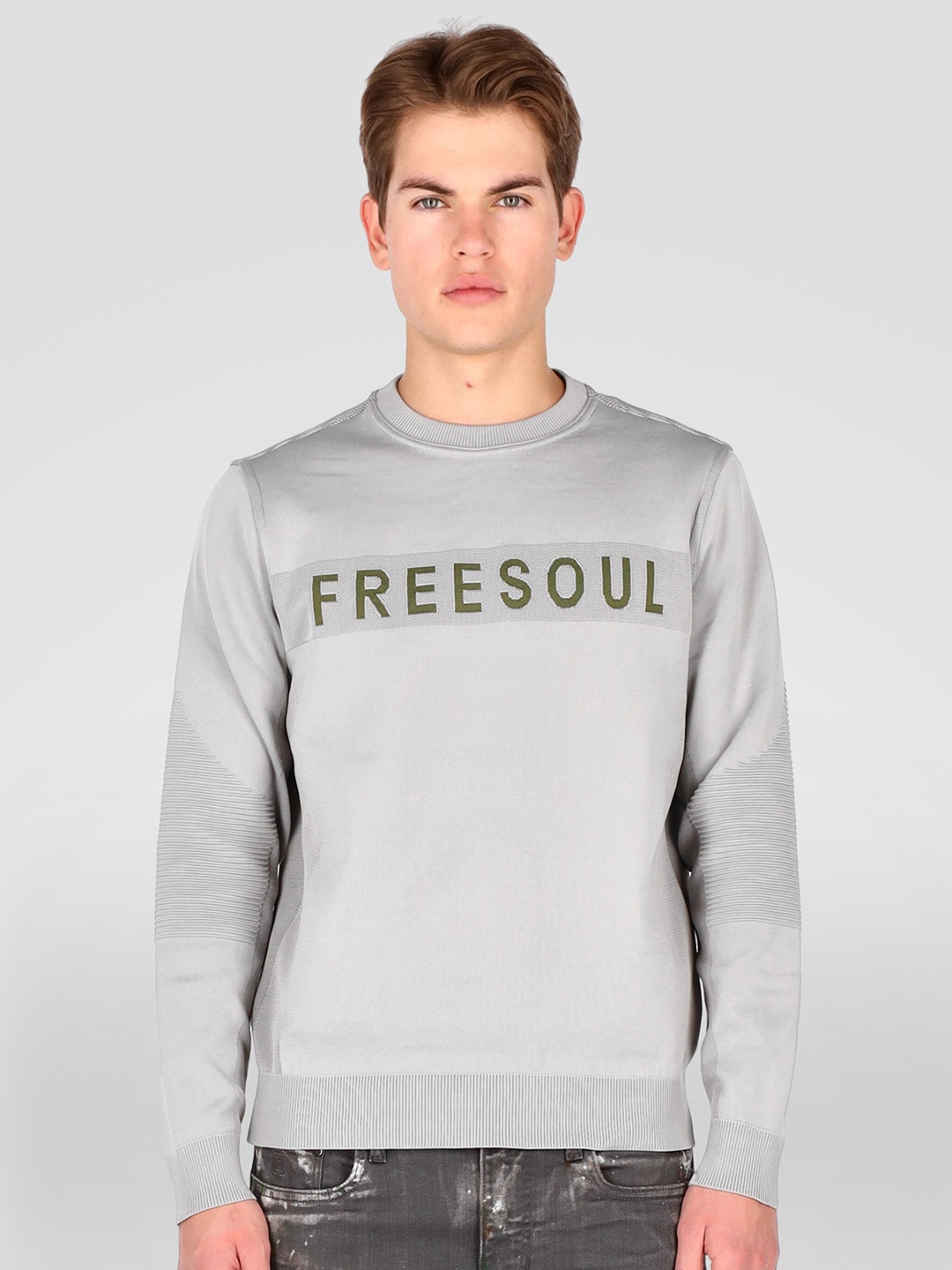 

FREESOUL Men Grey Typography Printed Pullover Sweatshirt