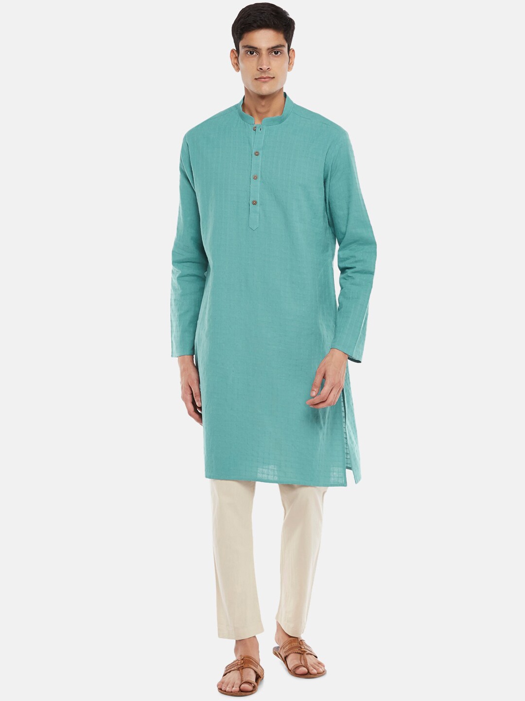 

indus route by Pantaloons Men Green Woven Design Dobby Cotton Kurta