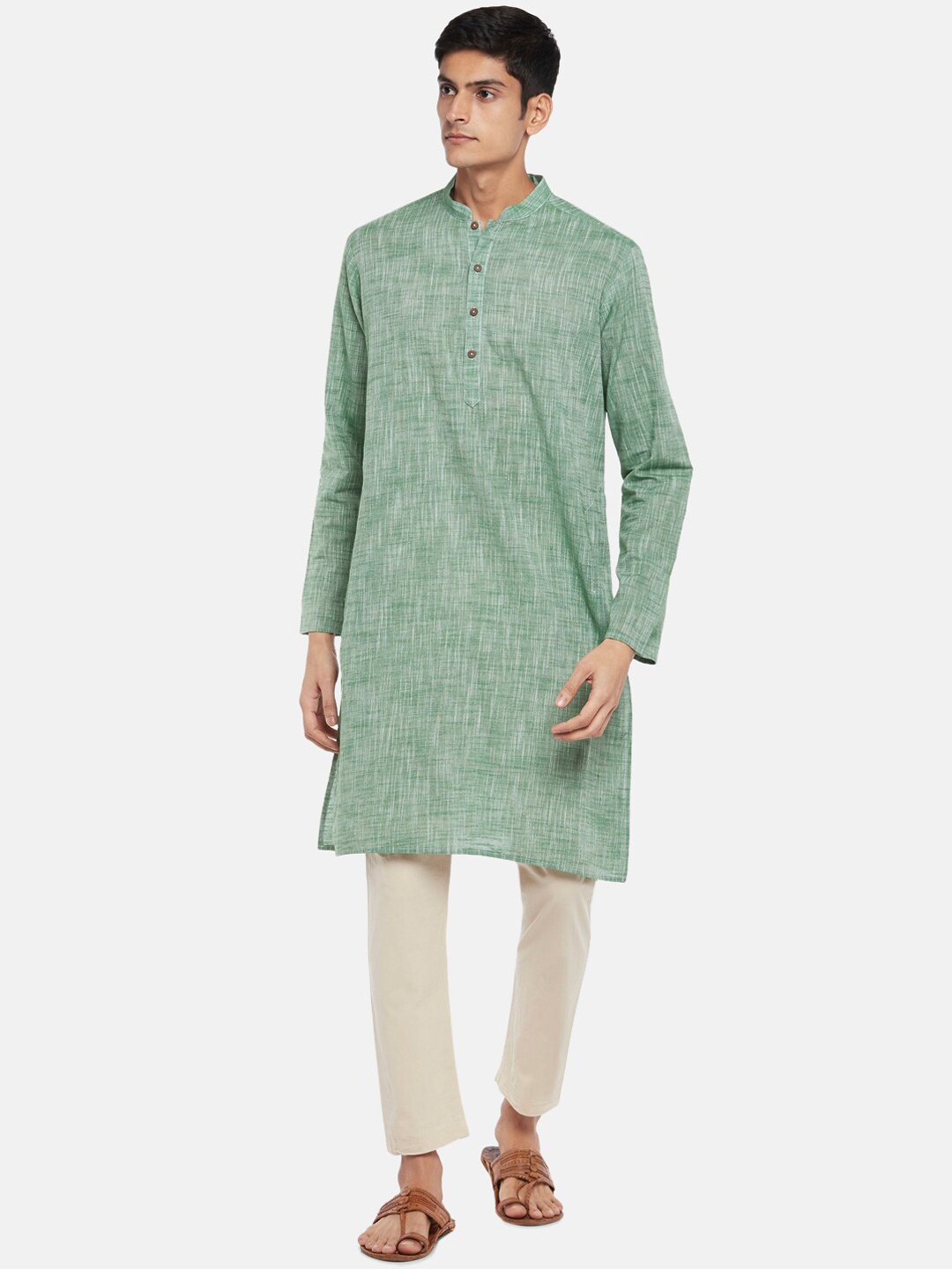 

indus route by Pantaloons Men Green Woven Design Cotton Kurta