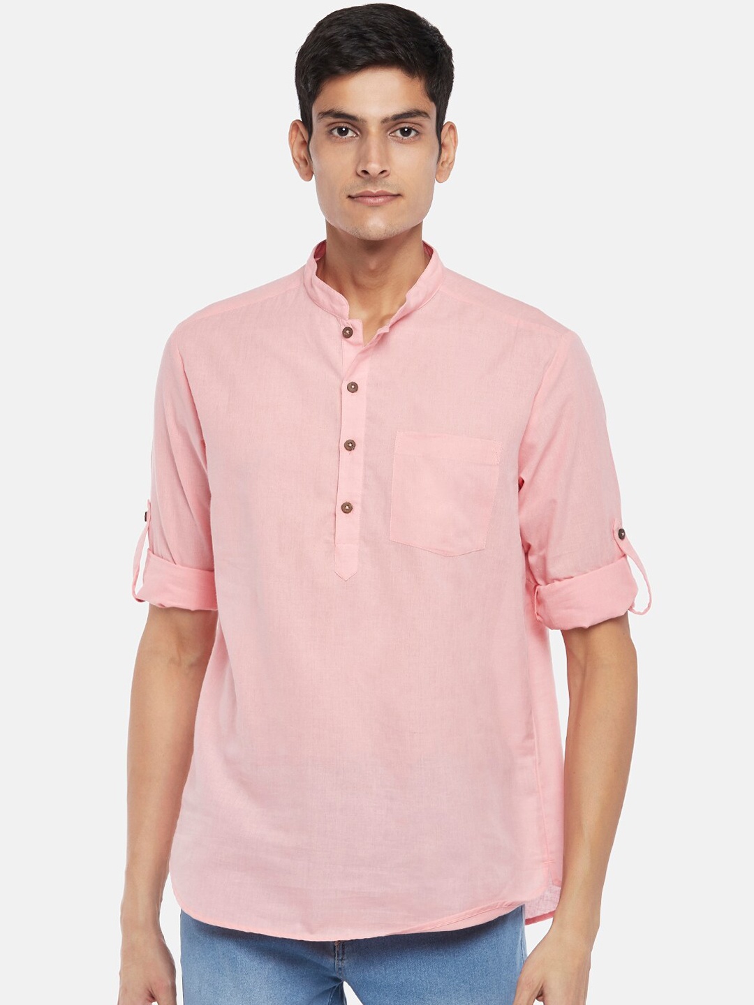 

indus route by Pantaloons Men Peach-Coloured Solid Cotton Kurta