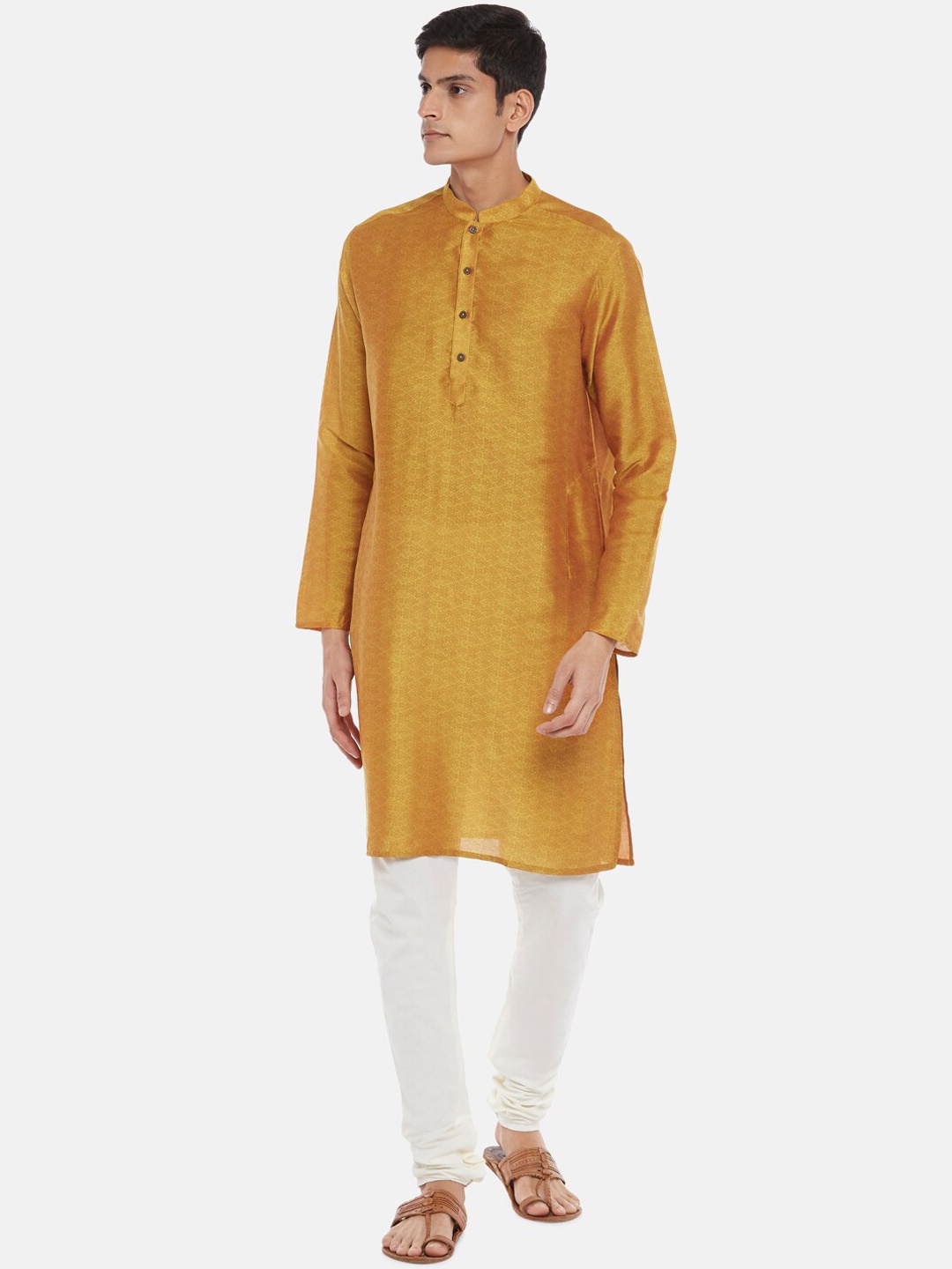 

indus route by Pantaloons Men Mustard Yellow Thread Work Kurta