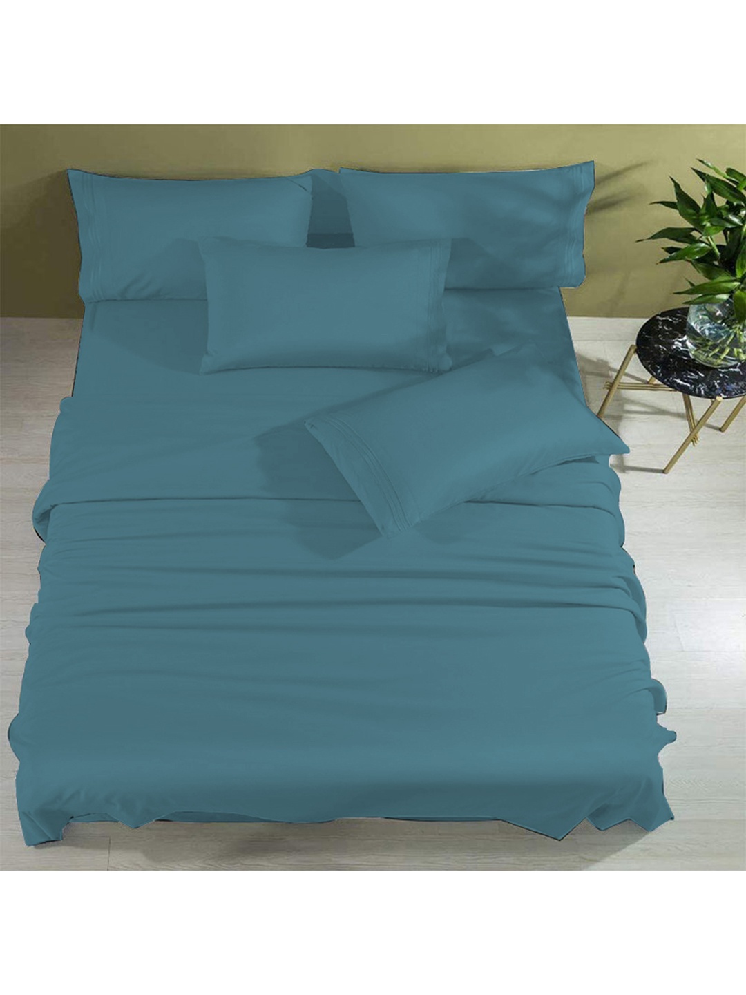 

THE SLEEP COMPANY Teal 300 TC King Bedsheet with 2 Pillow Covers