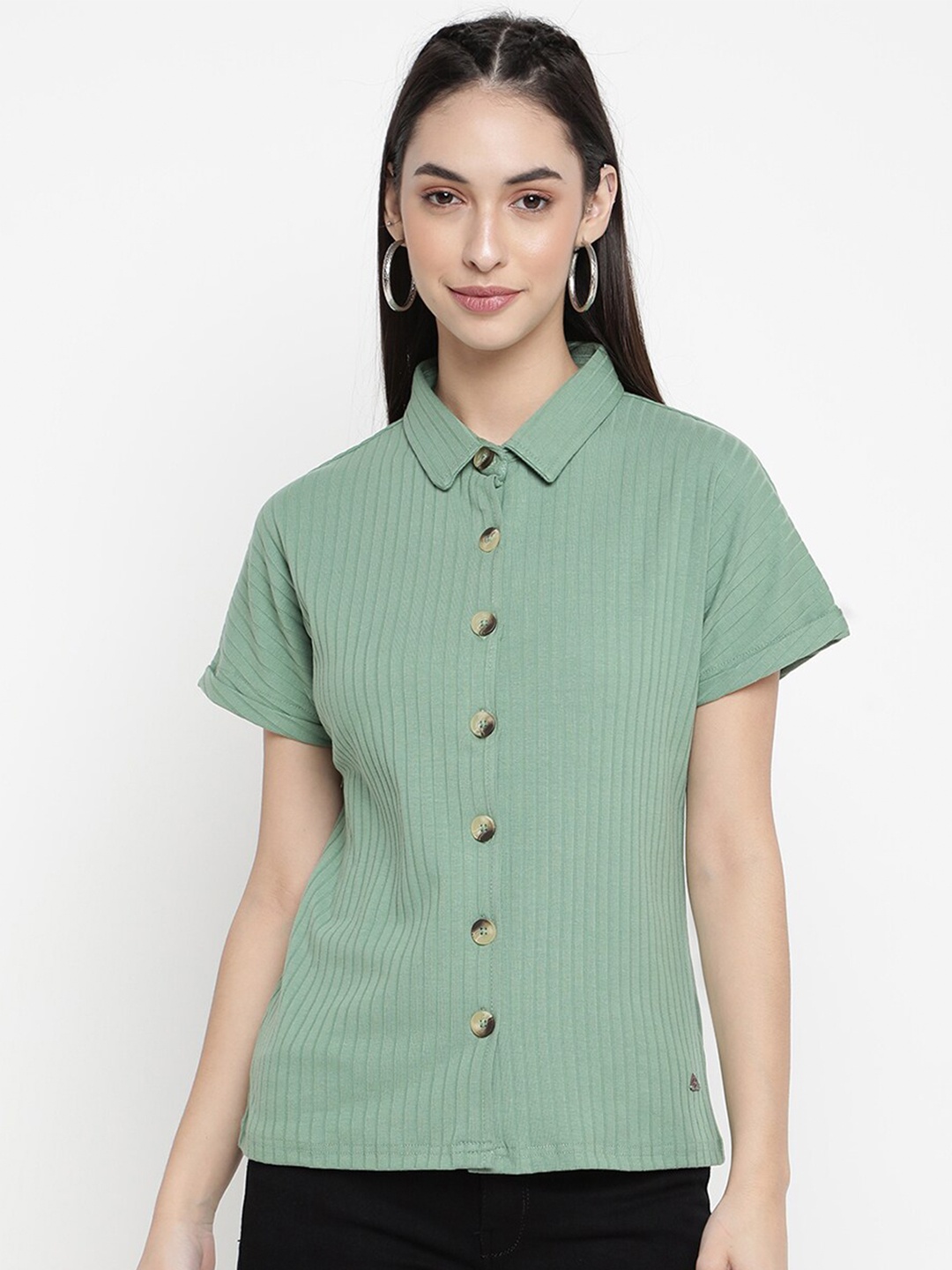 

V2 Value & Variety Women Green Self Design Striped Poly Cotton Casual Shirt