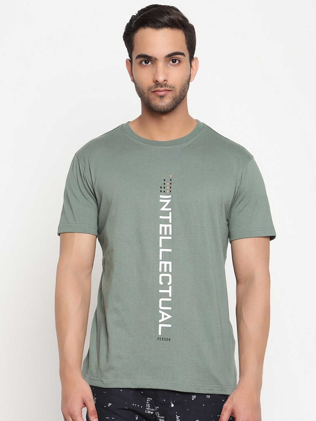 

Cantabil Men Sage Green Typography Printed Cotton T-shirt
