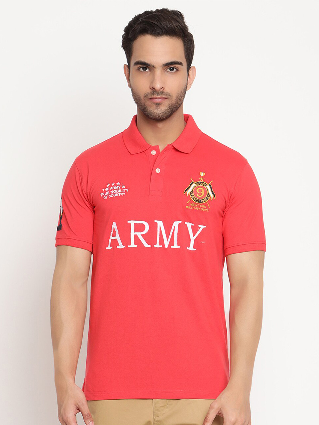 

Cantabil Men Orange Typography Printed Polo Collar Cotton T-shirt