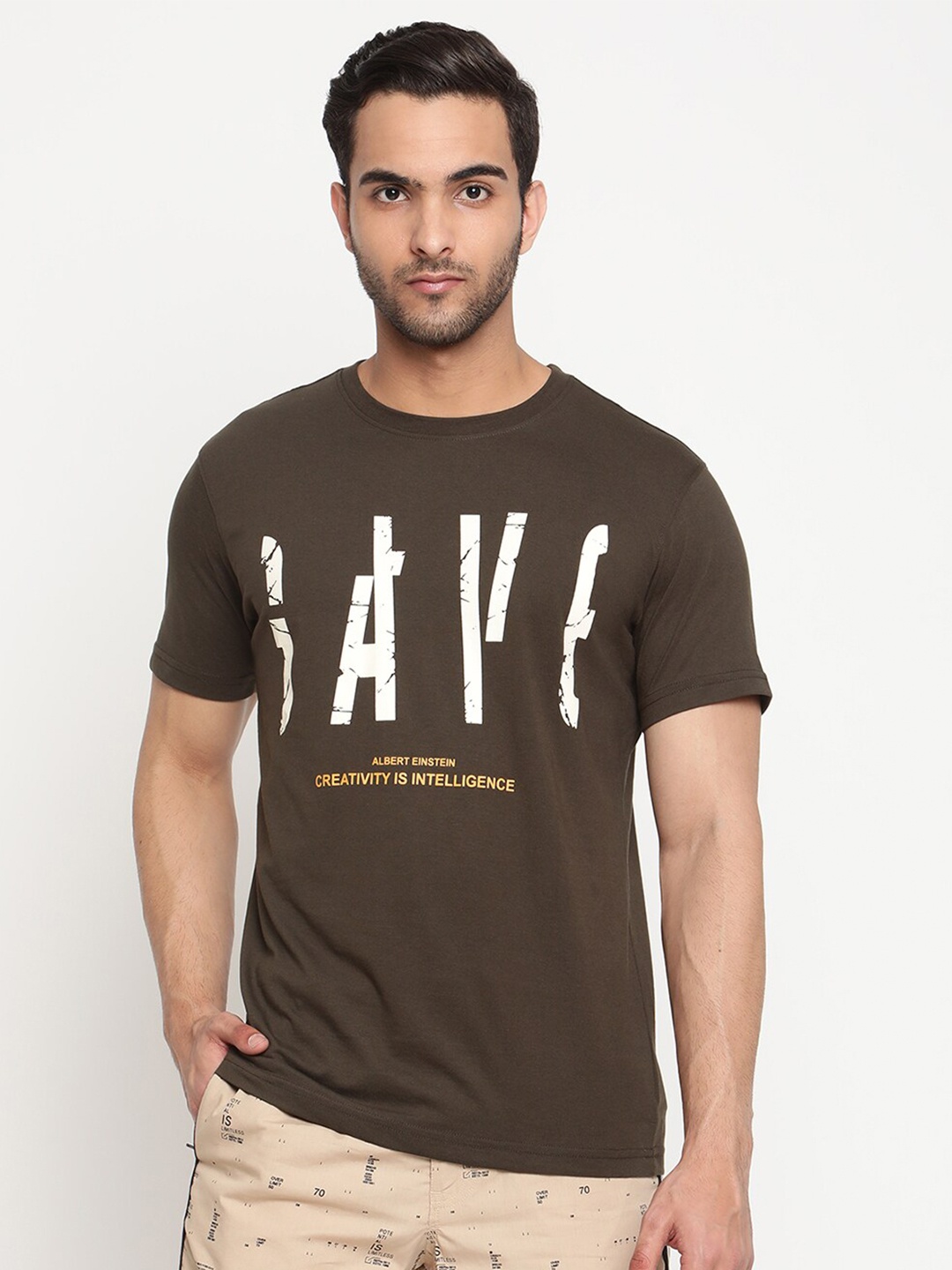 

Cantabil Men Olive Green & White Typography Printed Regular Fit Cotton T-shirt