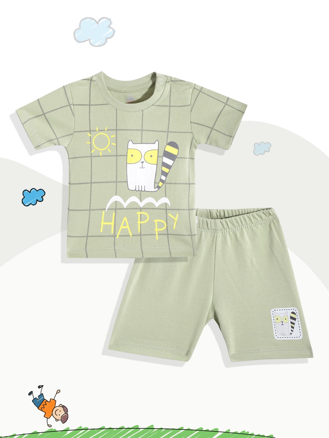 

TINYO Boys Green & White Pure Cotton Graphic Print T-shirt with Shorts