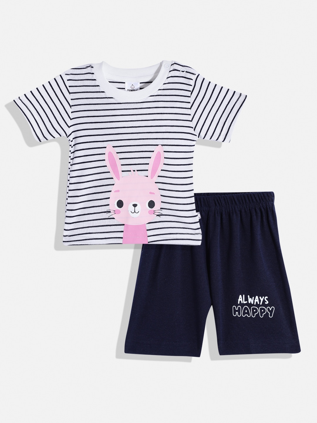 

TINYO Infant Girls White & Navy Blue Striped Pure Cotton T-shirt with Shorts