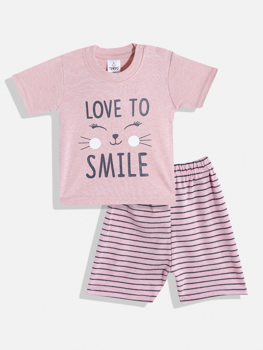 

TINYO Infant Girls Pink & Black Printed Pure Cotton T-shirt with Shorts