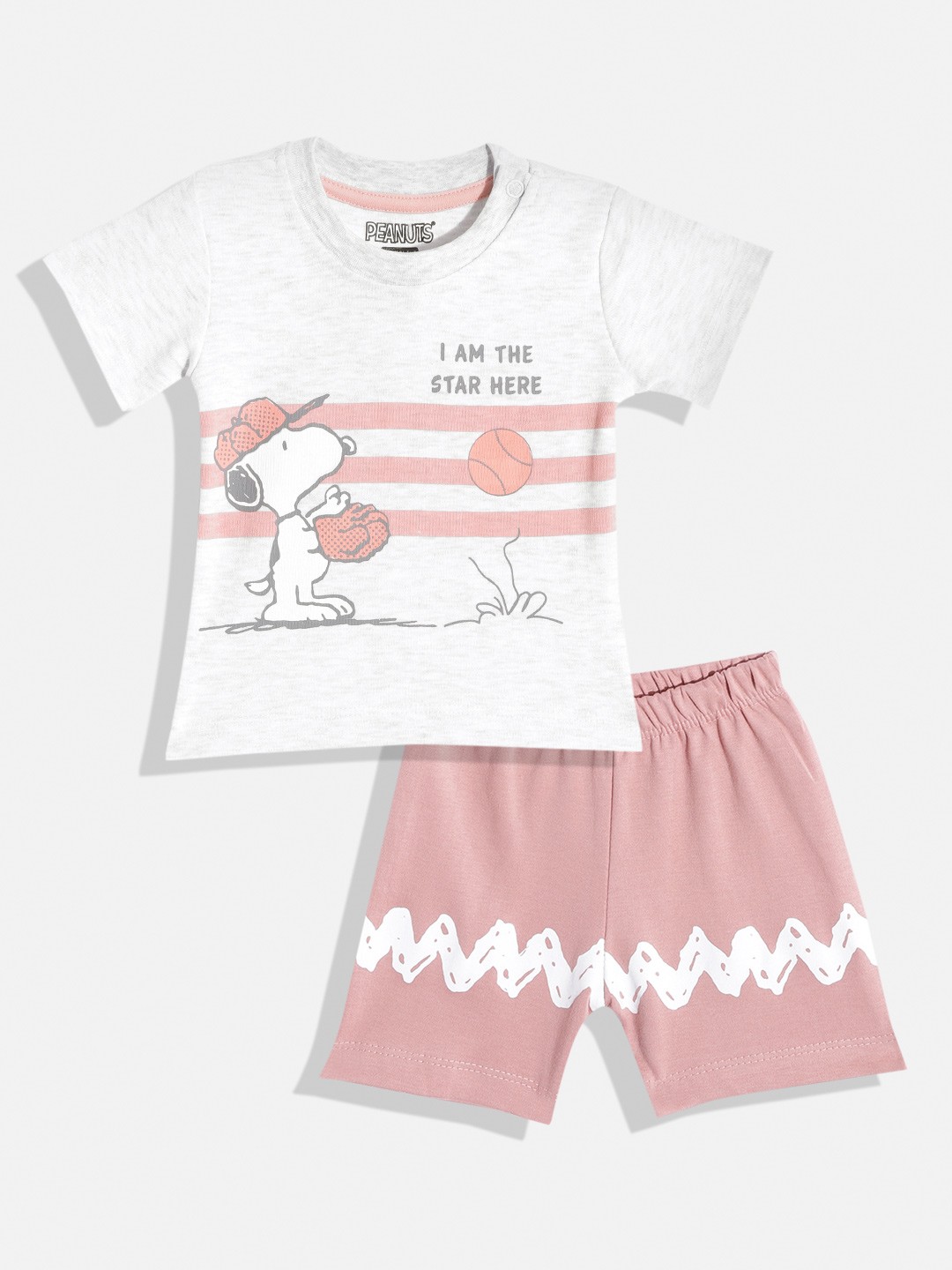 

TINYO Infant Boys Grey Melange & Peach-Coloured Snoopy Print Cotton Clothing Set