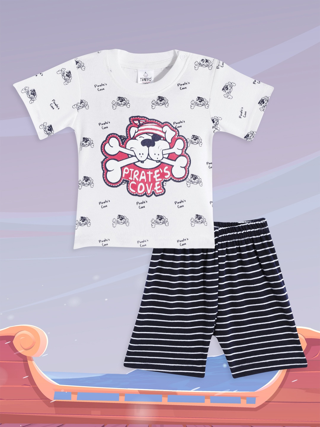 

TINYO Infant Boys White & Navy Blue Printed Pure Cotton T-shirt with Shorts