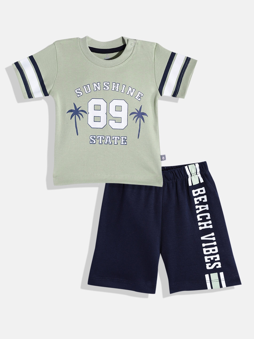 

TINYO Infant Boys Green & Navy Blue Printed Pure Cotton T-shirt with Shorts