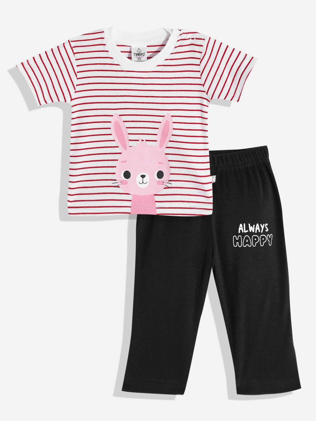 

TINYO Infant Girls White & Black Striped Pure Cotton T-shirt with Trousers