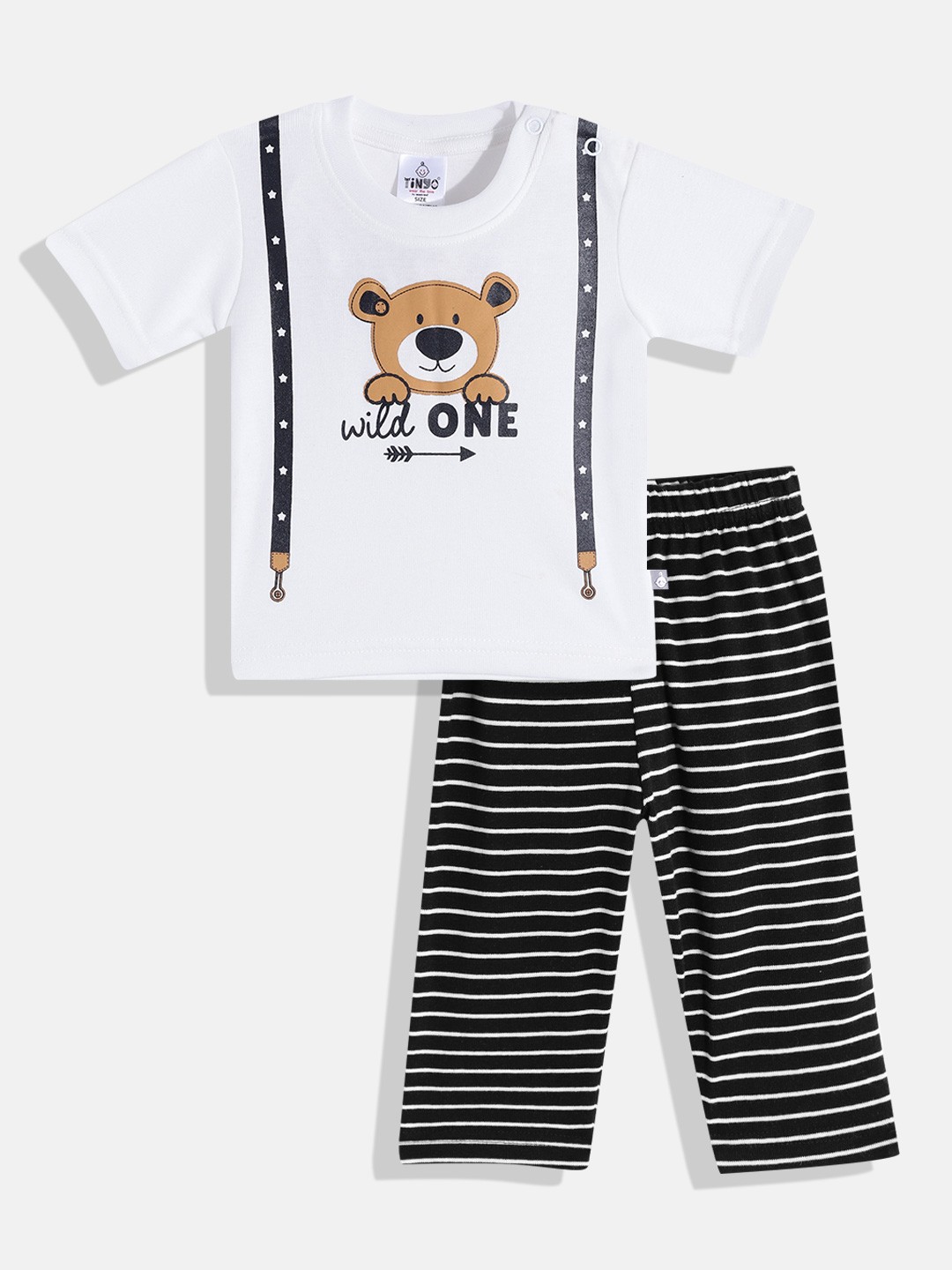 

TINYO Boys White & Black Pure Cotton Graphic Print T-shirt with Pyjamas